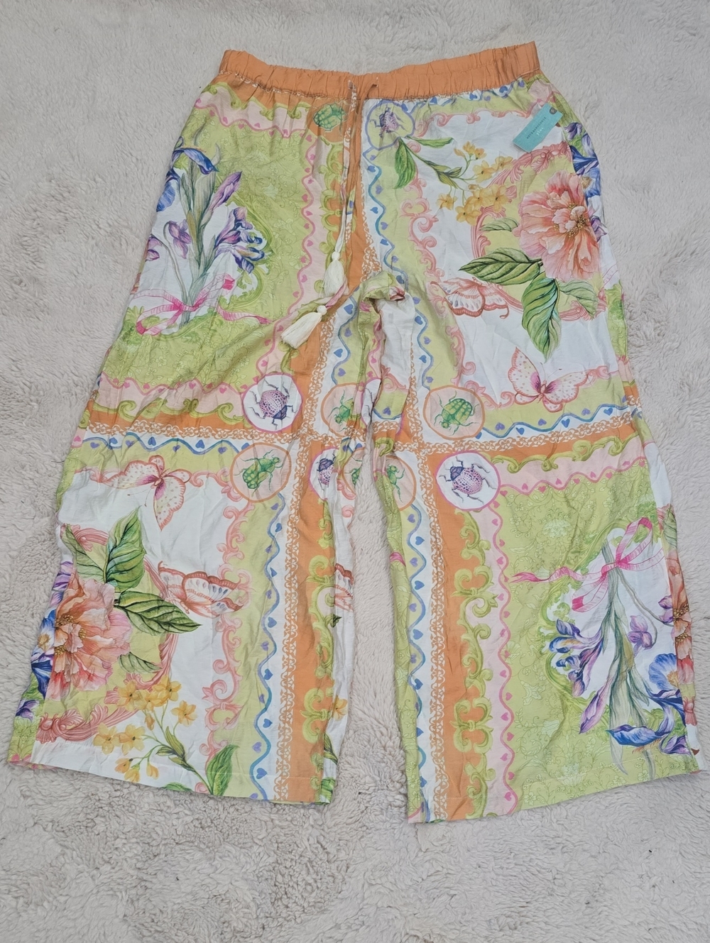 Anthropologie Floral Patchwork Wide-Leg Shorts in Peach, Green & White
